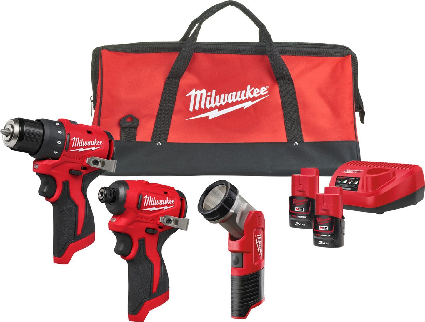 Milwaukee M12 BLPP3A-202B Accu-machineset 3-delig BLDDRC + BLIDRC + TLED in tas | Incl. 2x 2,0Ah accu en lader