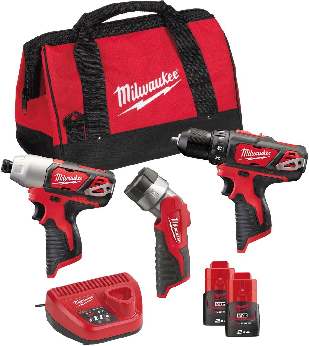 Milwaukee M12 BPP3A-202B Powerpack (M12 BDD + M12 BID + C12 T + 2 x 2,0 Ah accu + 30 min. lader + contractor bag)