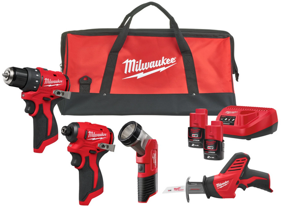 Milwaukee M12 BLPP4A-202B Accu-machineset 4-delig BLDDRC + BLIDRC + TLED + HZ in tas | Incl. 2x 2,0Ah accu en lader