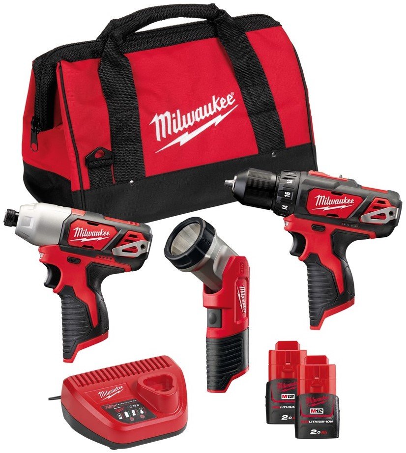 Milwaukee M12 BPP3A-202B Powerpack (M12 BDD + M12 BID + C12 T + 2 x 2,0 Ah accu + 30 min. lader + contractor bag)